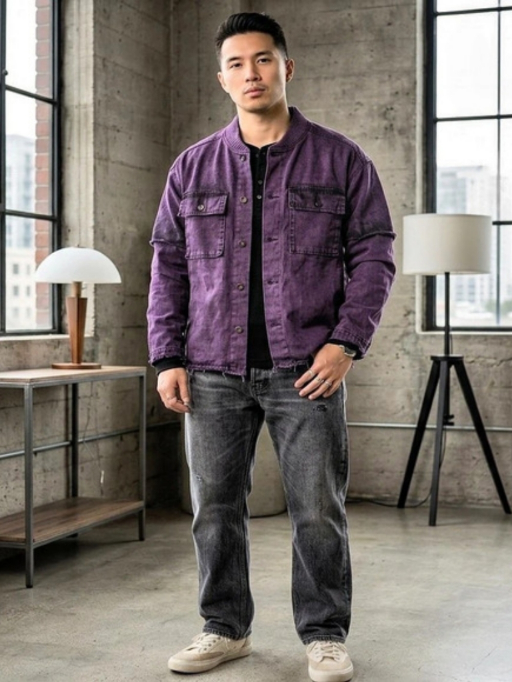 DRIFTER Purple Acid Wash Distressed Utility Bomber Jacket Shacket MK1451S Size:L